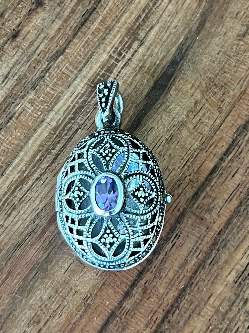 .925 Sterling Silver Cross Locket Pendant Marcasite Amethyst Gemstone